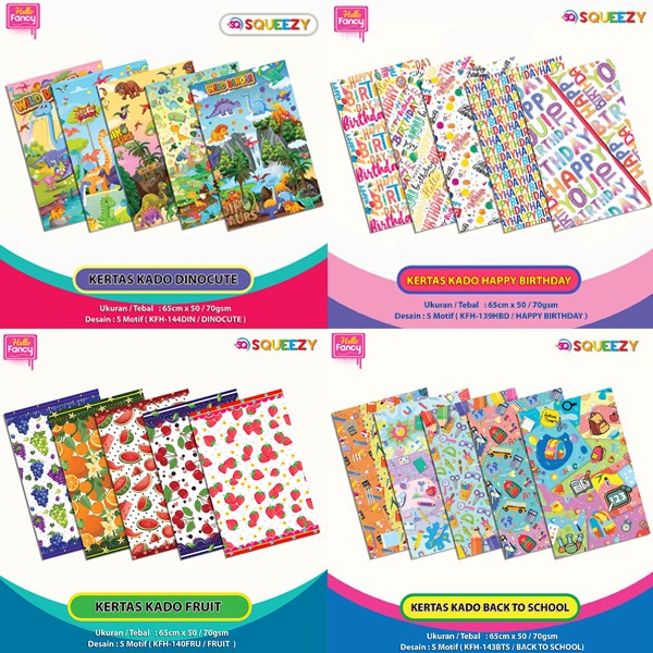 

Kertas Kado SQUEEZY 50 Lembar 5 Motif Campur 1 Tema / Bungkus Kado - Dino Cute