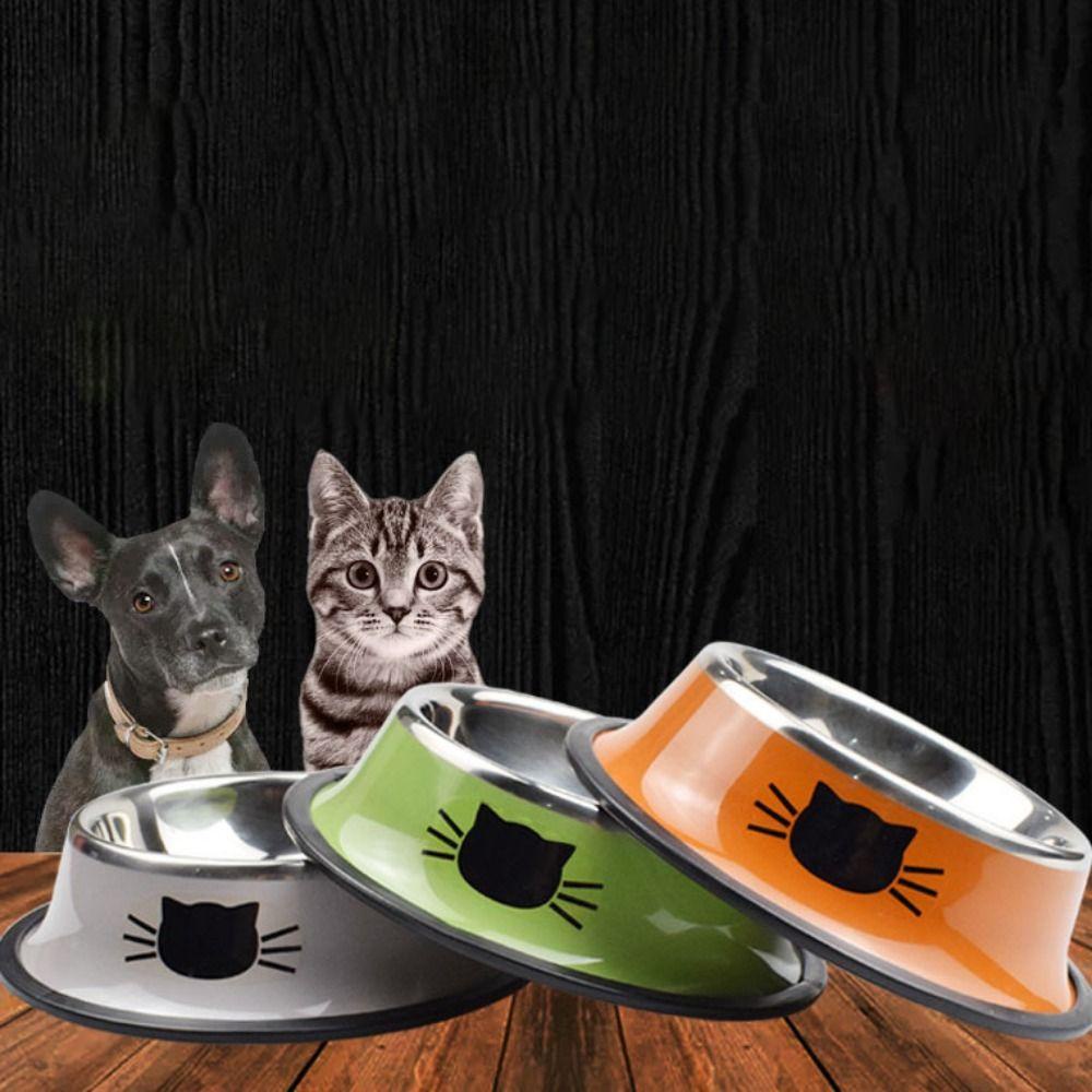 Non-slip Pola Wajah Kucing Stainless Steel Pet Bowl, Non-slip Pola Wajah Kucing Stainless Steel Pet Bowl, Aksesoris Kucing Tidak Karat Stainless Steel Karet Dasar Kucing Water Bowl Puppy