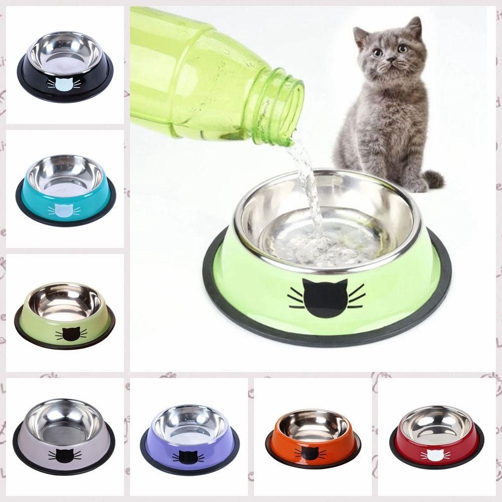 Non-slip Pola Wajah Kucing Stainless Steel Pet Bowl, Non-slip Pola Wajah Kucing Stainless Steel Pet Bowl, Aksesoris Kucing Tidak Karat Stainless Steel Karet Dasar Kucing Water Bowl Puppy