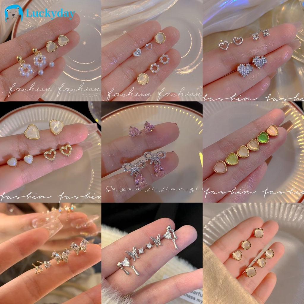 Yeezii Elegan Zirkon Opal Stud Anting Set Fashion Mutiara Kupu-Kupu Hati Bintang Earing Untuk Wanita Hypoallergenic Perhiasan Aksesoris