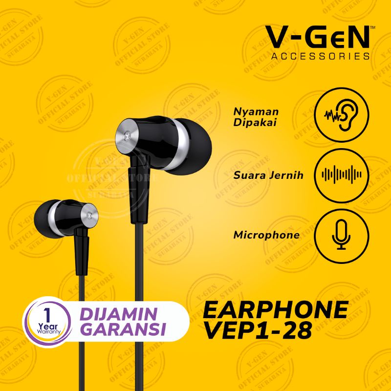Headset Murah V-GeN VEP1-28 Wired Handsfree Headset Stereo Sound original vgen