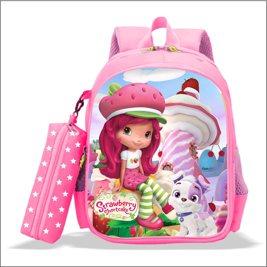 Tas Ransel Sekolah Anak Perempuan TK dan SD PREMIUM Karakter STRAWBERRY SHORTCAKE 2in1 Gratis Tempat