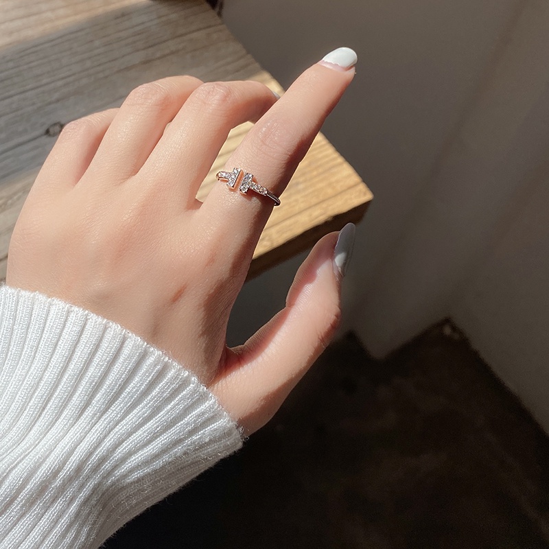 Cincin Pembukaan Berlian Berkilau Huruf T Ganda Aksesori Pasangan Korea Wanita