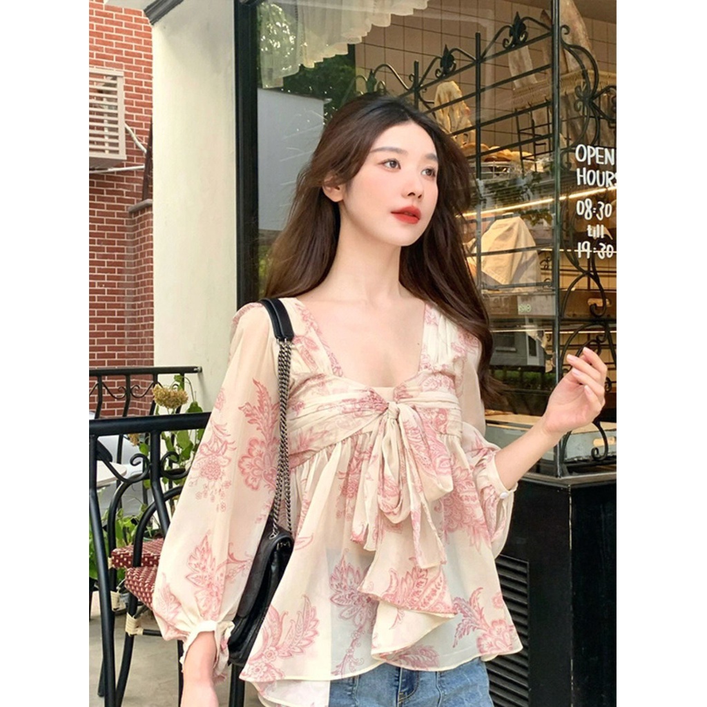 Floral top wanita musim semi dan musim gugur kemeja sifon temperamen kemeja boneka Perancis