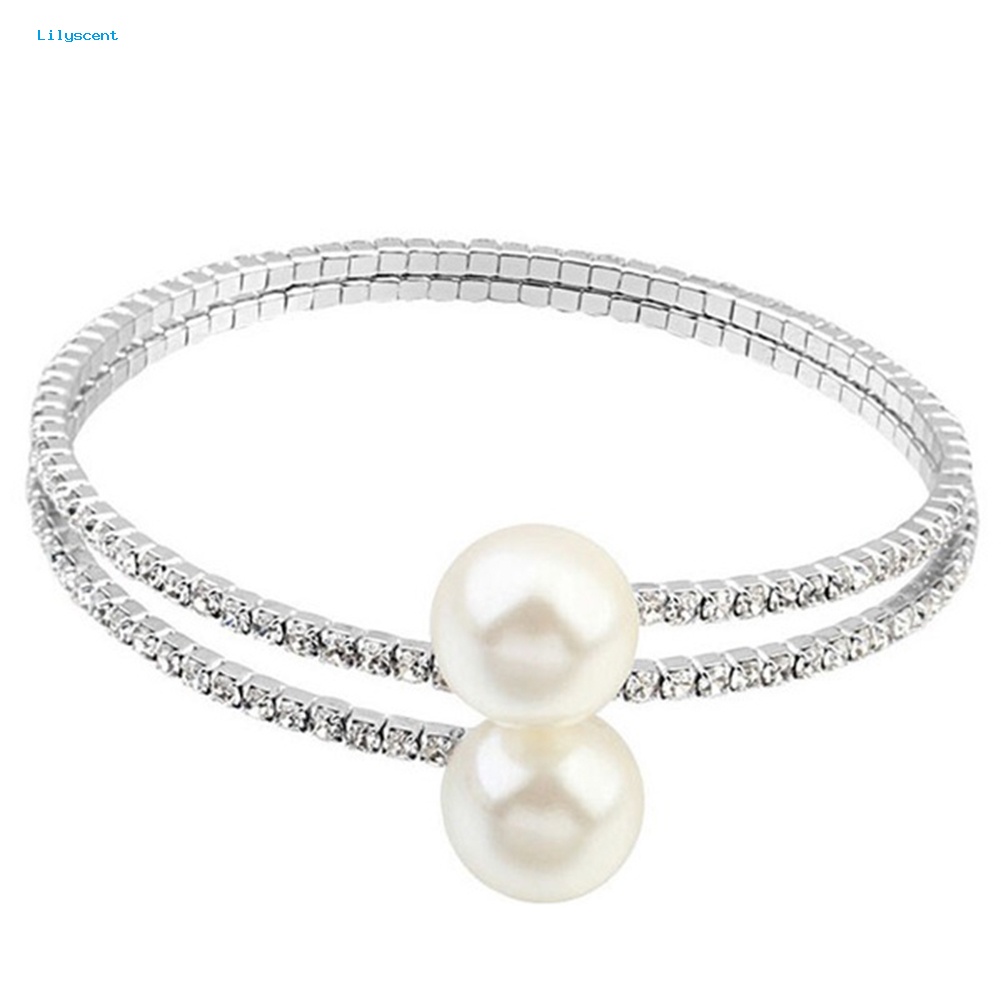 Lilyscent Wanita Penuh Berlian Imitasi Multi-layer Gelang Pergelangan Tangan Mutiara Imitasi Cuff Open Bangle