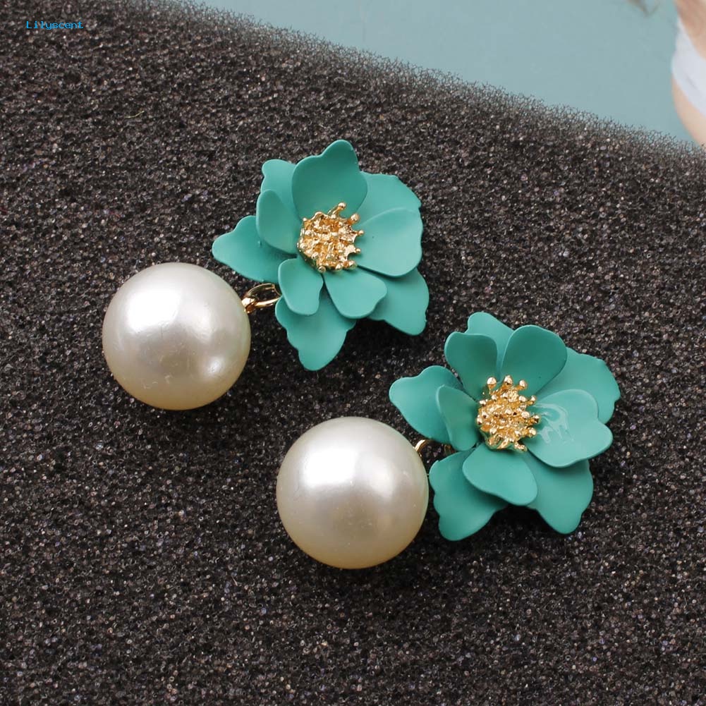 Lilyscent Manis Wanita Mutiara Imitasi Menjuntai Resin Bunga Stud Anting Musim Panas Perhiasan Hadiah