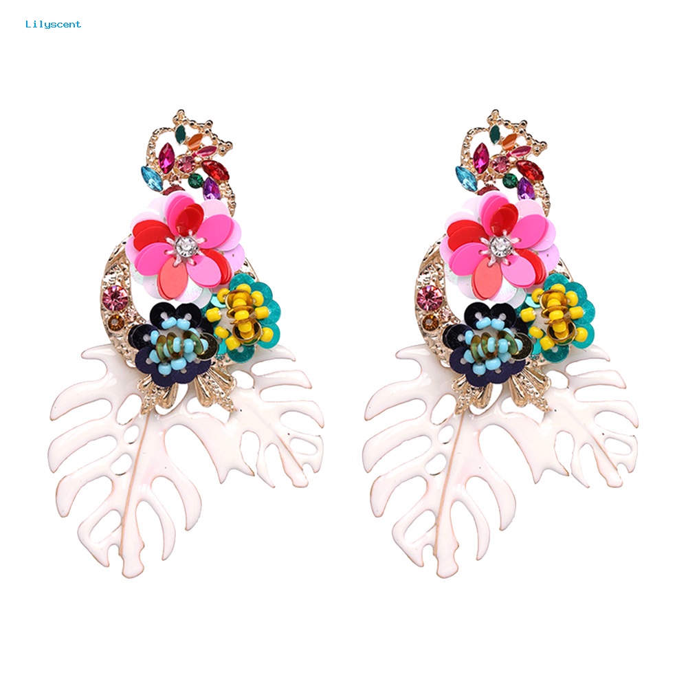 Lilyscent Vintage Wanita Daun Bunga Warna-Warni Sequin Beads Berlian Imitasi Statement Earrings