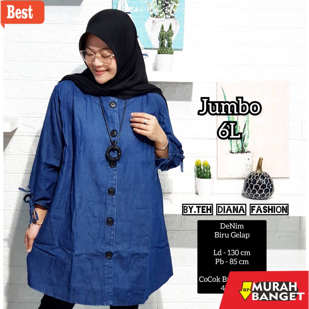 Tunik jumbo terbaru untuk wanita- TUNIK JEANS JUMBO Atasan JEANS Wanita Jumbo LD 130 Dahlia Kancing 