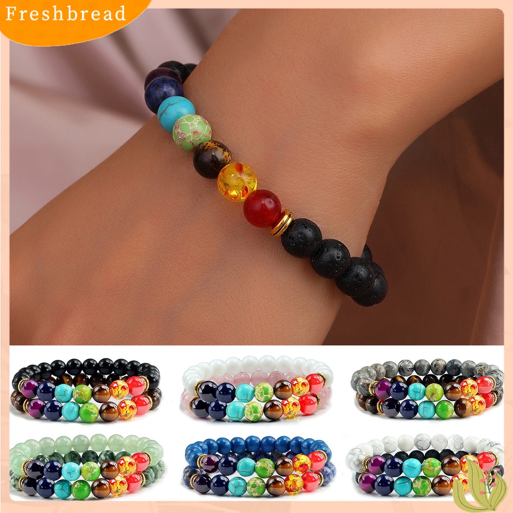 &lt; Freshbread &gt; 1pasang Gelang Manik-Manik Lapisan Ganda Tujuh Cakra Warna-Warni Alami Batu Vulkanik Pergelangan Tangan Berbagai Wanita Pria Yoga Olahraga Chakra Gelang Hadiah Pasangan