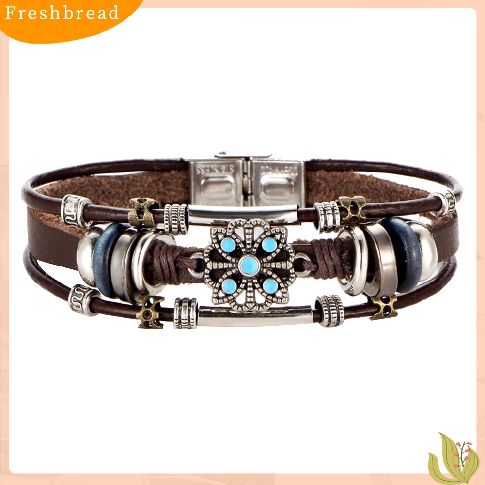 &lt; Freshbread &gt; Bohemian Wanita Multi-layer Bunga Gelang Manik-Manik Kulit Imitasi Bungkus Bangle Hadiah