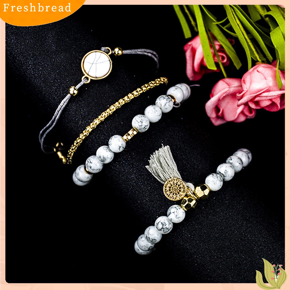 &lt; Freshbread &gt; 4Pcs Wanita Manik-Manik Pirus Imitasi Rumbai Pesona Gelang Bangle Set Perhiasan Hadiah