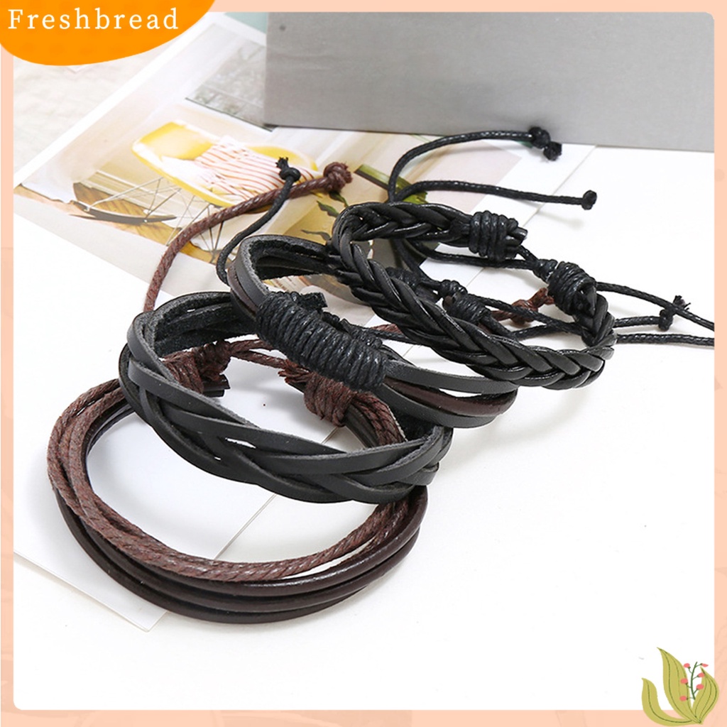 &lt; Freshbread &gt; 4Pcs/Set Multi-layer Kulit Imitasi Dikepang Gelang Tali Linen Adjustable Handmade Unisex Bracelets Perhiasan Aksesoris