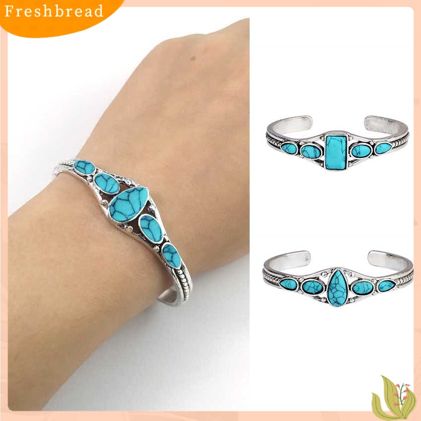 &lt; Freshbread &gt; Pembukaan Ukir Berongga Keluar Manset Gelang Vintage Turquoises Wanita Bangle Aksesoris Fashion