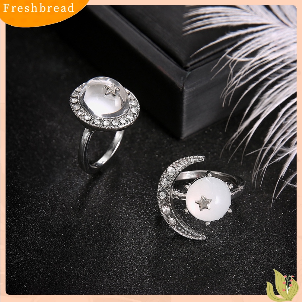 &lt; Freshbread &gt; 2Pcs/Set Boho Wanita Transparan Bulat Berlian Imitasi Hias Bulan Bintang Buku Jari Rings