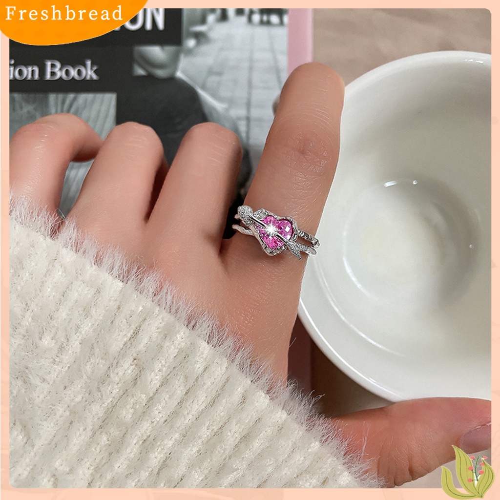 &lt; Freshbread &gt; Wanita Cincin Lapisan Ganda Desain Terbuka Yang Dapat Disesuaikan Eye-catching All-match Perhiasan Hadiah Merah Muda Kristal Imitasi Wanita Panah Melalui Jantung Jari Cincin