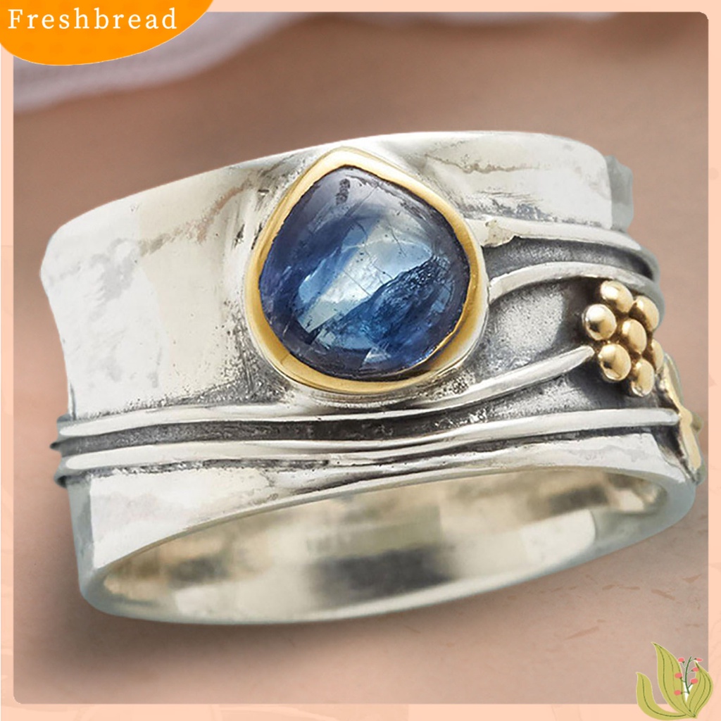 &lt; Freshbread &gt; Cincin Vintage Two-tone Pernyataan Sederhana Biru Permata Imitasi Daun Bunga Jari Cincin Perhiasan Aksesoris