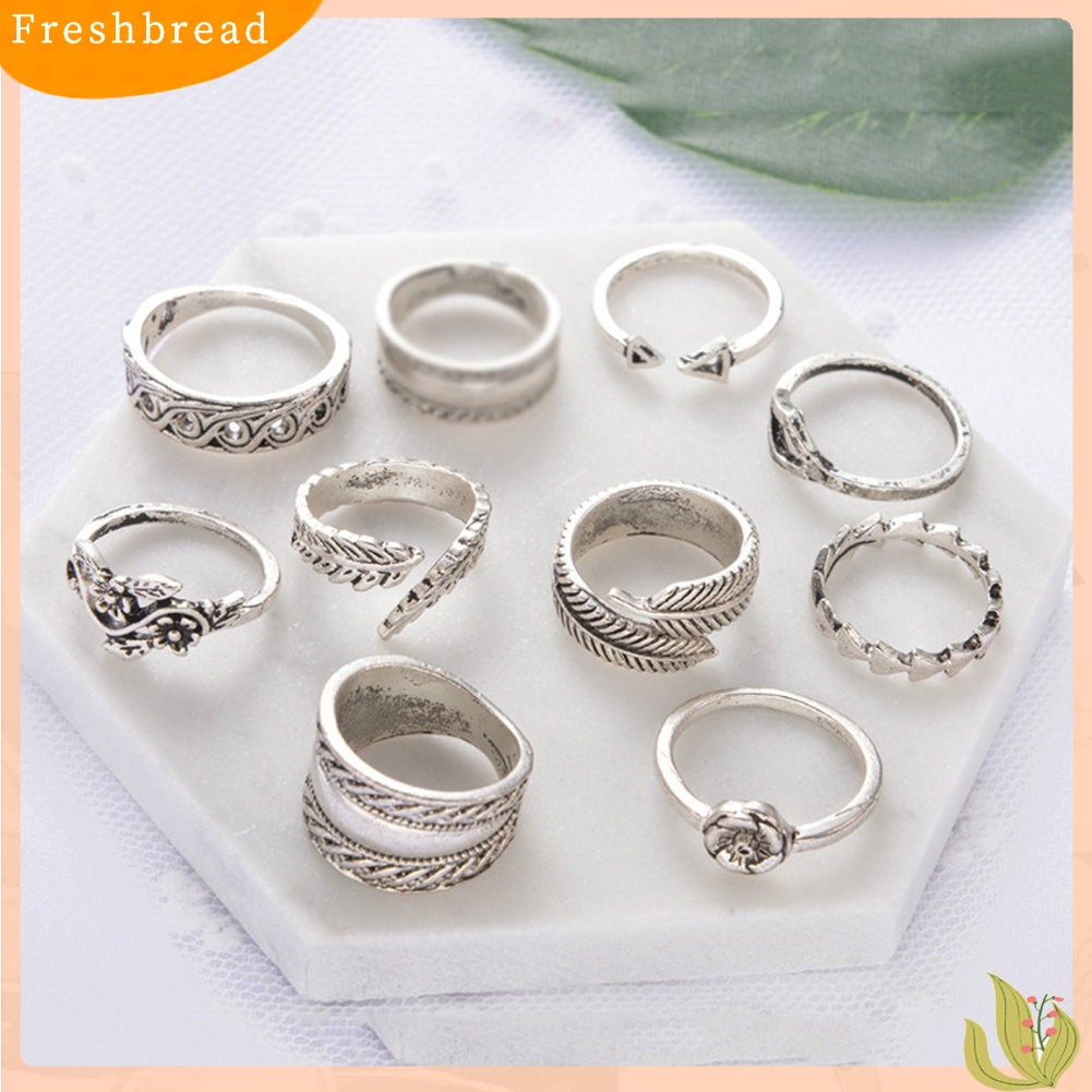 &lt; Freshbread &gt; 9pcs Vintage Wanita Berongga Ukiran Bunga Daun Terbuka Band Buku Jari Cincin Set