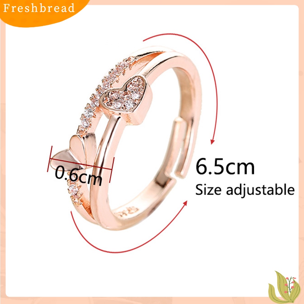 < Freshbread > Wanita Fashion Berlian Imitasi Bertatahkan Hati Ganda Berongga Band Pembukaan Cincin Perhiasan