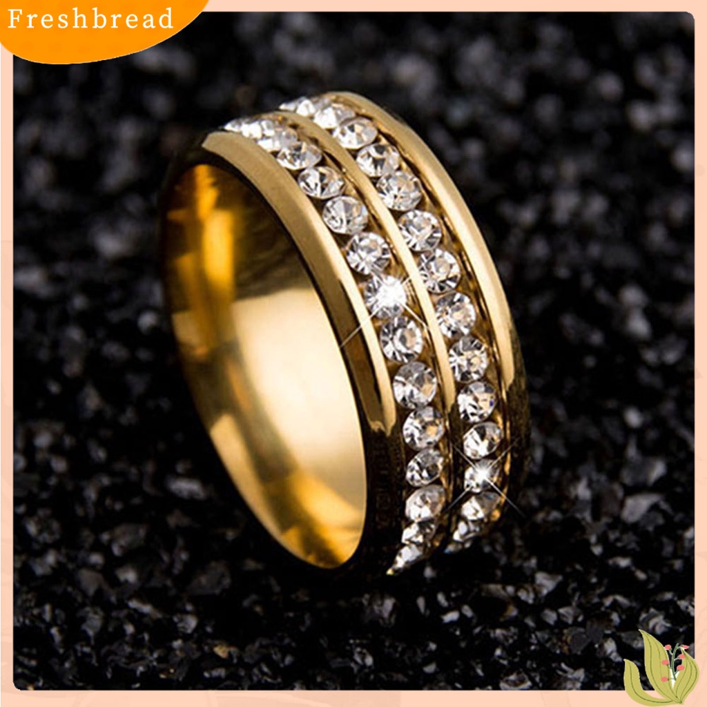 &lt; Freshbread &gt; Cincin Lebar-Lebar Fadeless Titanium Steel Baris Ganda Berlian Imitasi Perhiasan Unisex Untuk Pesta Pernikahan