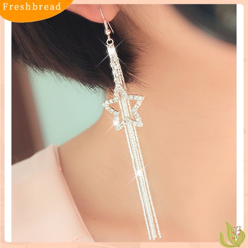 &lt; Freshbread &gt; Berlian Imitasi Wanita Pentacle Star Drop Jumbai Panjang Rantai Kait Menjuntai Anting Linear