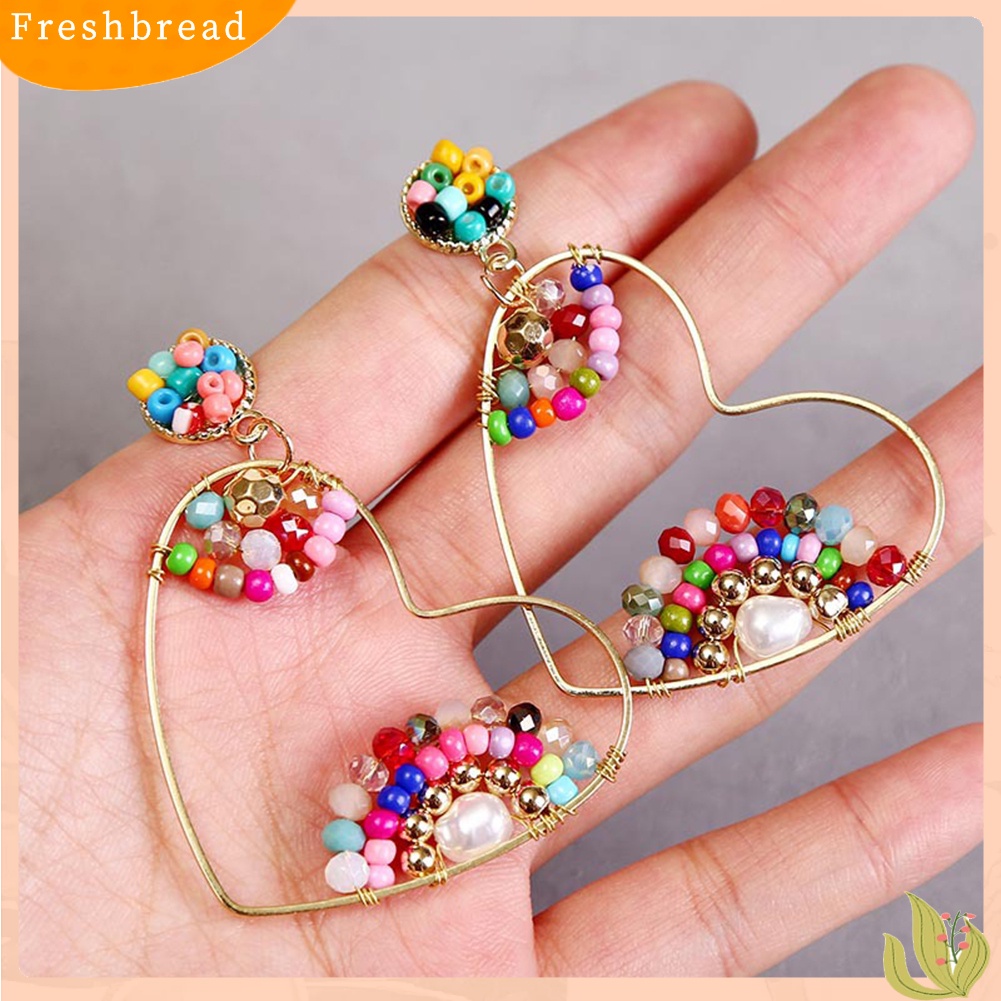 &lt; Freshbread &gt; Boho Wanita Manik-Manik Hati Besar Berongga Menjuntai Telinga Stud Anting Pesta Club Earrings