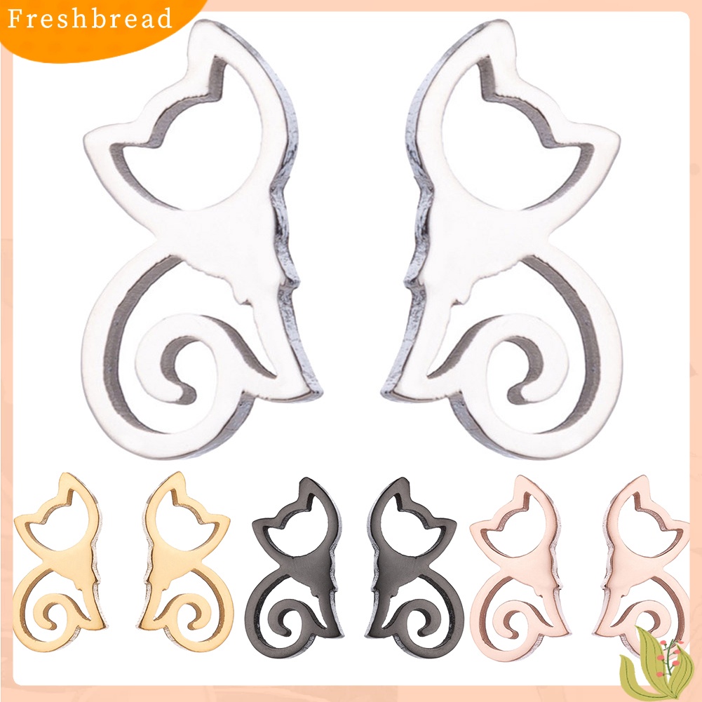 &lt; Freshbread &gt; Anting Tusuk Stainless Steel Kucing Berongga Minimalis Perhiasan Wanita Hewan Lucu