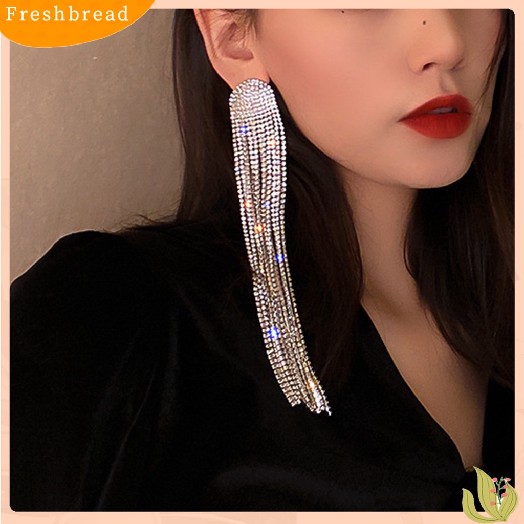 &lt; Freshbread &gt; Panjang Penuh Berlian Imitasi Rumbai Anting Paduan Mengkilap Wanita Menjuntai Anting-Anting Perhiasan Aksesoris