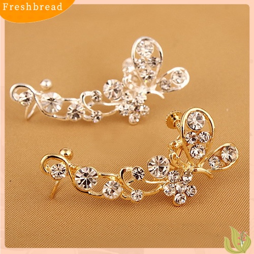 &lt; Freshbread &gt; Retro Faux Crystal Butterfly Flower Ear Cuff Stud Earring Clip on Untuk Telinga Kanan