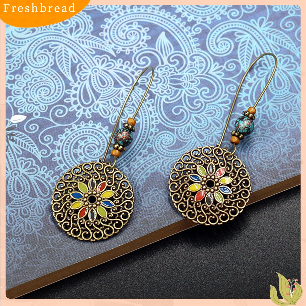 &lt; Freshbread &gt; Vintage Berongga Bulat Liontin Enamel Bunga Menjuntai Panjang Kerawang Anting Ukir