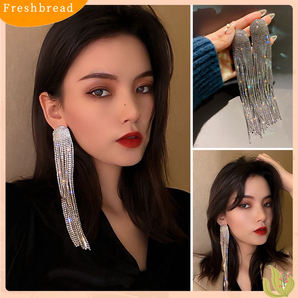 &lt; Freshbread &gt; 1pasang Drop Earrings Shiny Panjang Rumbai Penuh Berlian Imitasi Temperamen Berkilau Berdandan Hadiah Wanita Menjuntai Anting Pesona Perhiasan Aksesori Busana