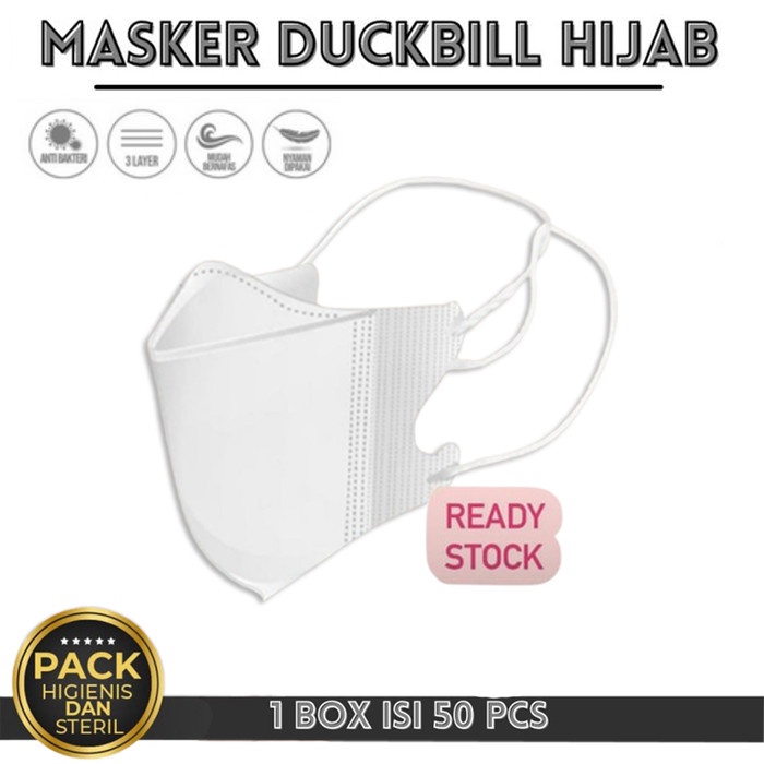 TERLARIS Masker Hijab Duckbill isi 50 Disposable Mask Headloop Face Mask - Putih