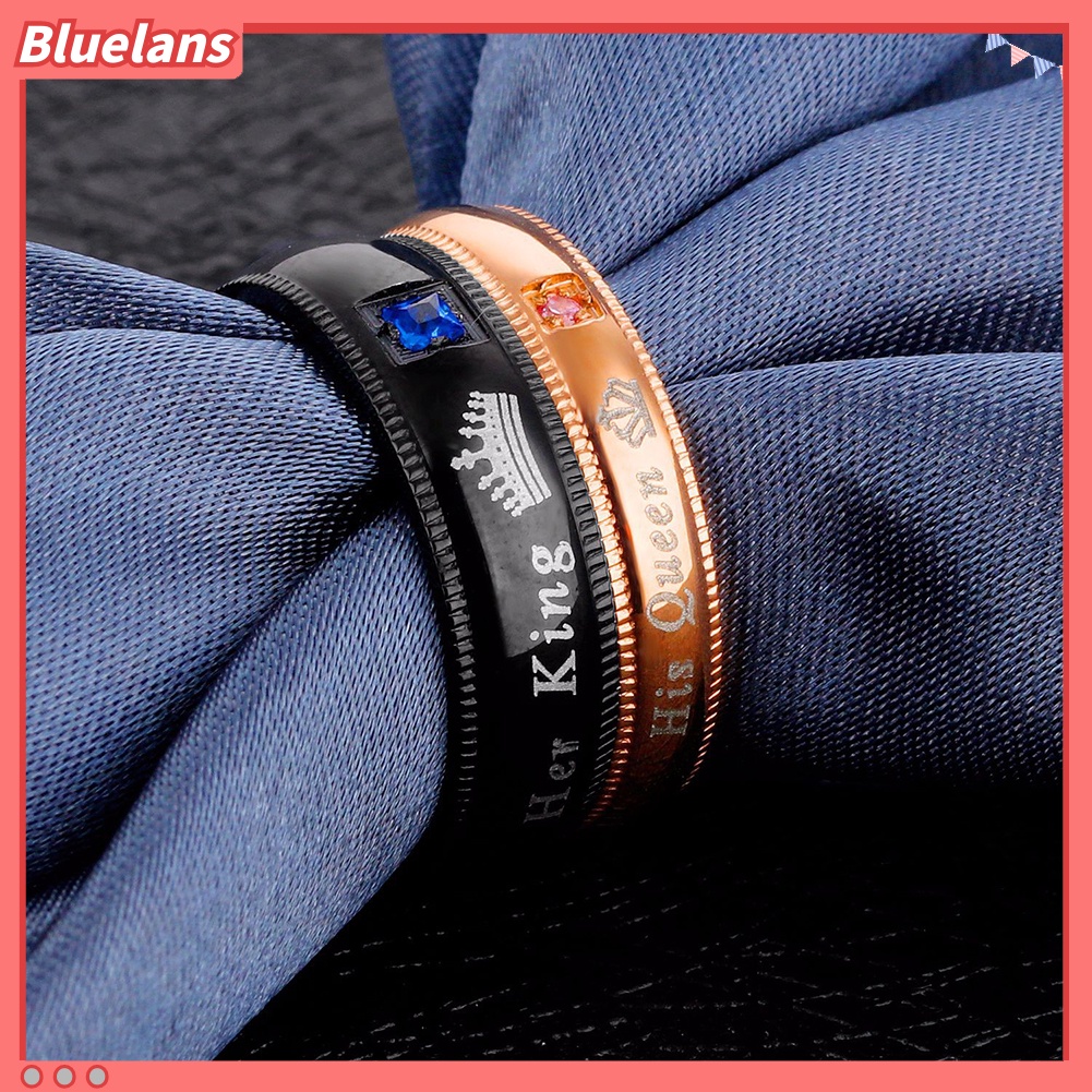 {In Stock} Fashion Baja Titanium Berlian Imitasi Her King His Queen Pasangan Jari Rings Perhiasan