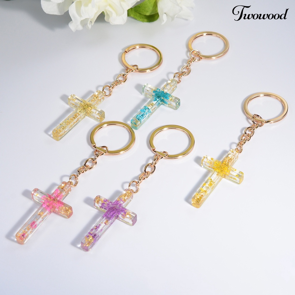 Twowood Gantungan Kunci Handmade Bunga Kering Isi Resin Liontin Serbaguna Berkilau Souvenir Hadiah Cross Key Ring Tas Ornamen Wanita Pria Perhiasan Aksesori Fashion