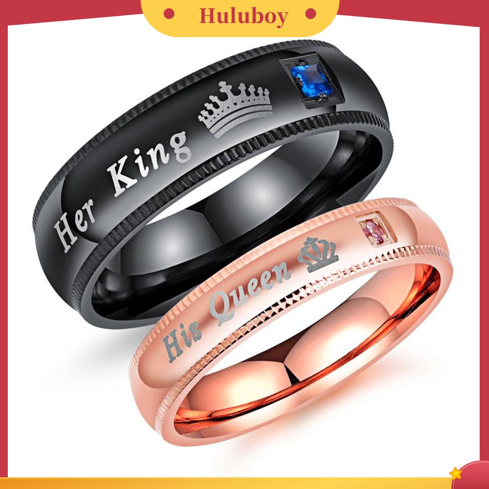 {Ready Stock} Fashion Baja Titanium Berlian Imitasi Her King His Queen Pasangan Jari Rings Perhiasan