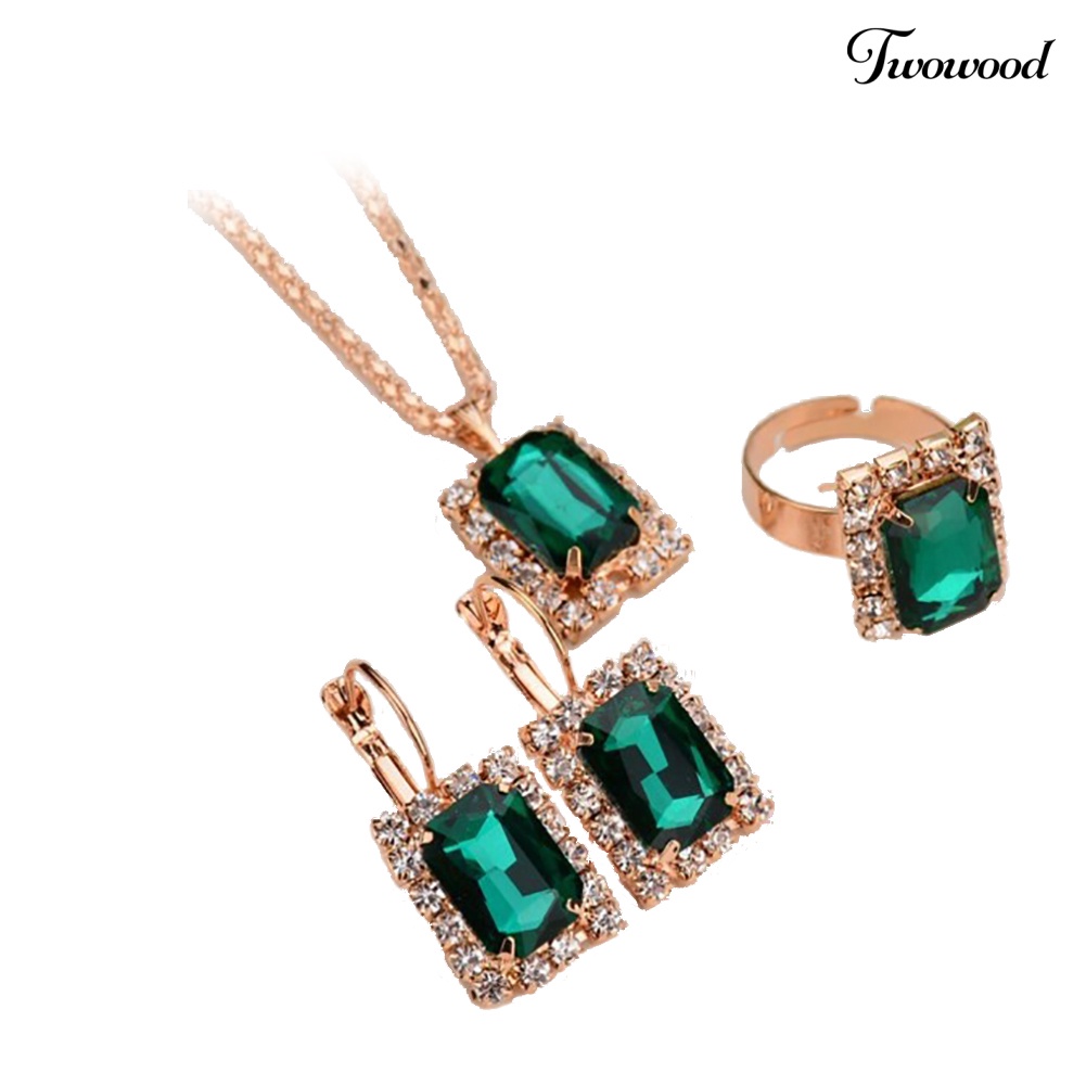 Twowood Fashion Set Perhiasan Wanita Perjamuan Pesta Pernikahan Kalung Anting Cincin Jari