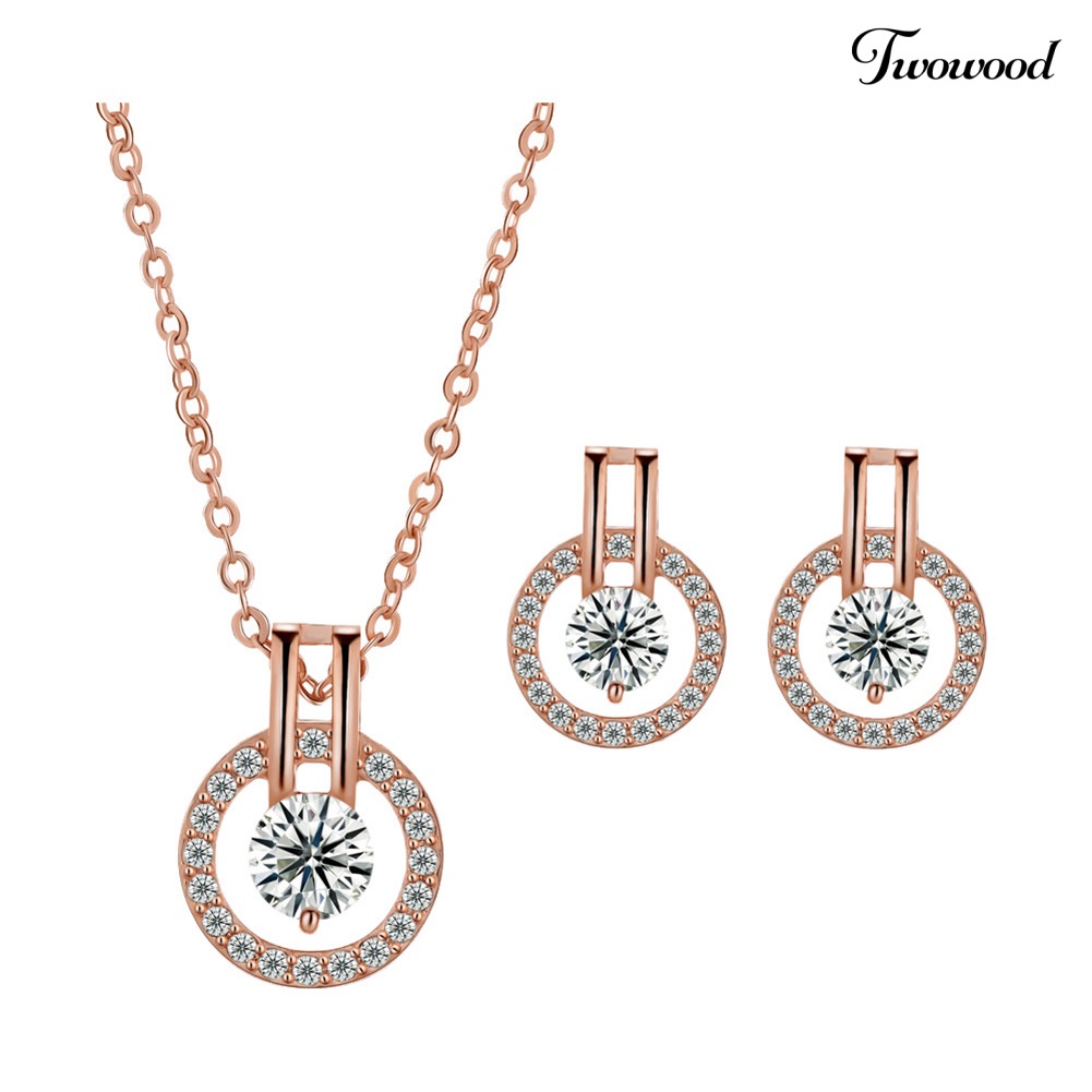 Twowood Wanita Full Cubic Zirconia Berongga Bulat Liontin Kalung Stud Earrings Set Perhiasan