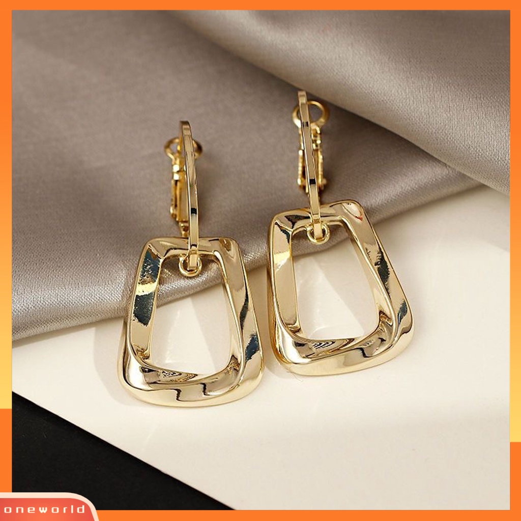 [OWR] 1pasang Liontin Anting Berongga Geometri Pendant High Gloss Menawan Mewah Telinga Ornamen Colorfast Segi Empat Hoop Earrings Perhiasan Aksesori