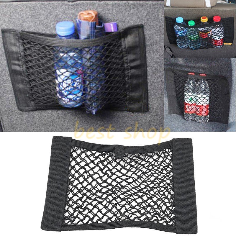 Magic Tape Car Back Rear Trunk Seat Jaring Senar Elastis Magic Sticker Mesh Storage Bag Pocket Auto Organizer Tas Punggung Kursi