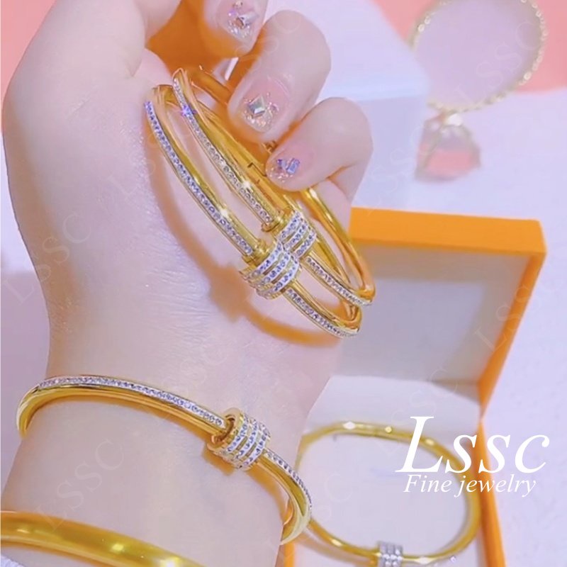 Gelang Titanium Wanita Anti Karat Permata Berlian Manik Emas 18K Cantik Mewah Fashion Korea Dewasa Bangle Aksesoris Perhiasan