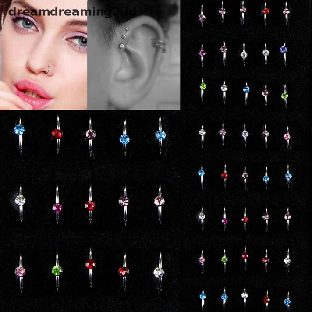 (hot) 40pcs Curah Multi Stainless Steel Kristal Hidung Studs Ring Hoop Body//