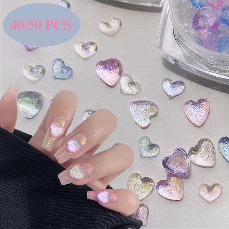 1box Ukuran Campur Glitter Nail Art Dekorasi 3D Flat Bottom Aurora Bentuk Hati Berlian Imitasi Transparan Charms Perhiasan DIY Aksesoris Kuku