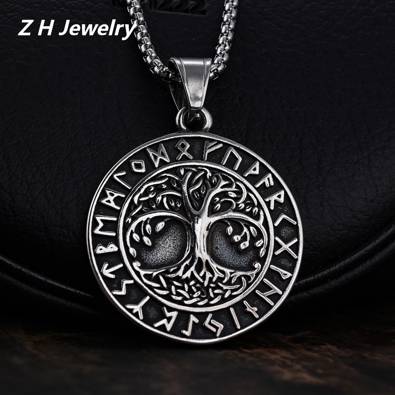 [Z H Perhiasan] Vintage Nordic Viking Pohon Kehidupan Hip Hop Liontin Pria Dan Wanita Fashion Stainless Steel Kalung Punk Pesta Rock Perhiasan Aksesoris