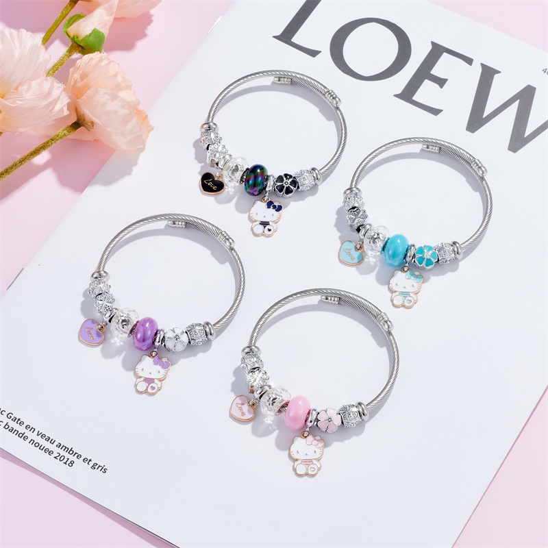 XiaoboACC Lovely Kartun Kucing Cinta Liontin Stainless Steel DIY Open Adjustable Charm Gelang