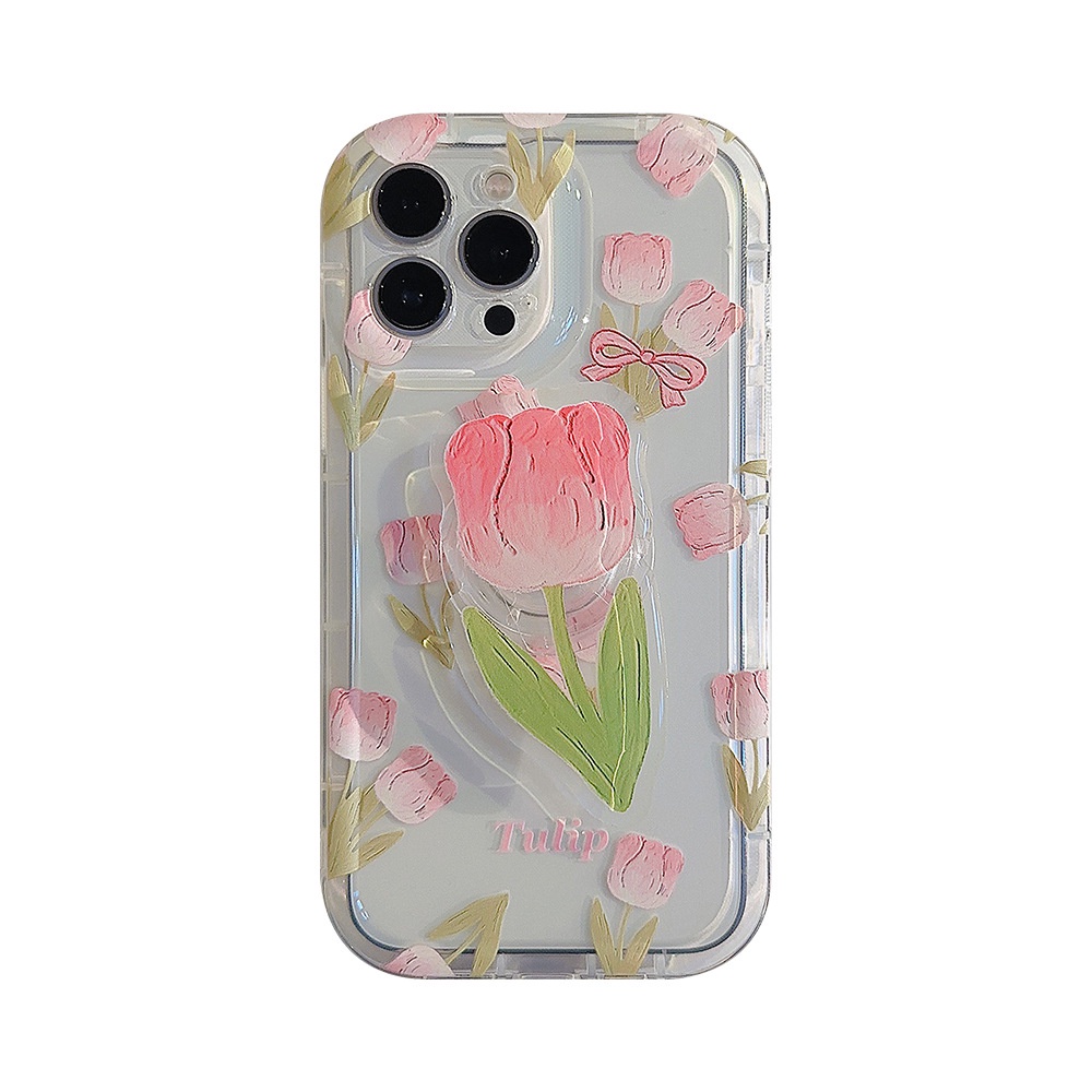 IPHONE Ins Pink Oil Tulips Silicone Case Dengan Tempat Tulip Untuk Iphone14 11 12 13 PRO MAX Casing Cover Pelindung AT0154