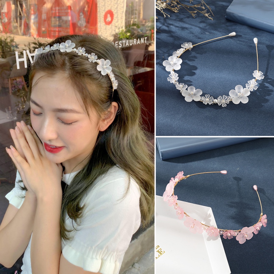 Bando Bunga Kristal Korea Paduan Mutiara Rambut Band Woman Elegan Aksesoris Rambut