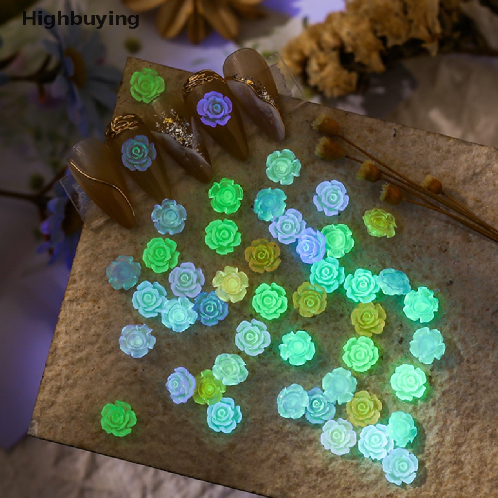 Hbid 50PCS 10MM Glow in The Dark Rose Nail Charm Flwoer Camellia Luminous Nails Art Dekorasi Aksesoris Manicure Perlengkapan Desainer Glory