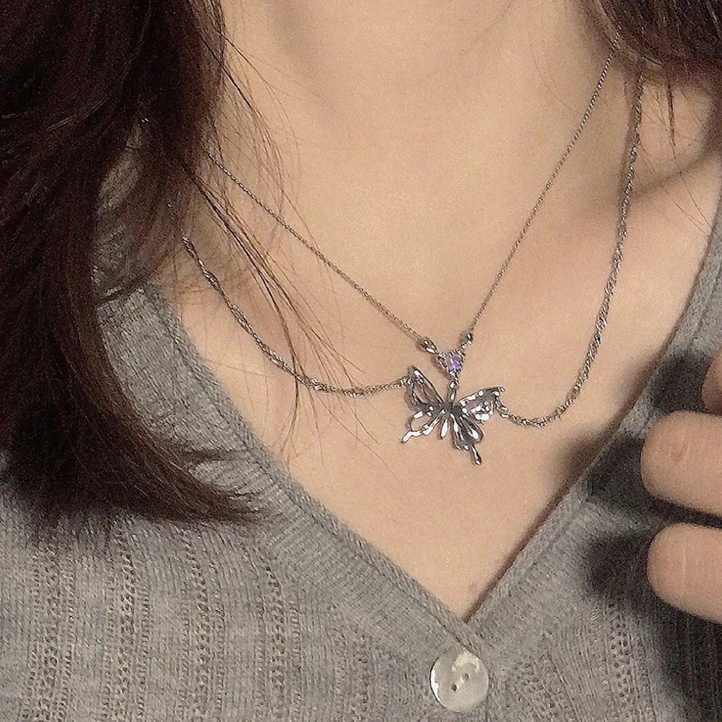 Ifyou Y2K Butterfly Rantai Ganda Kalung Hati Zirkon Liontin Perak Choker Untuk Wanita Perhiasan Aksesoris