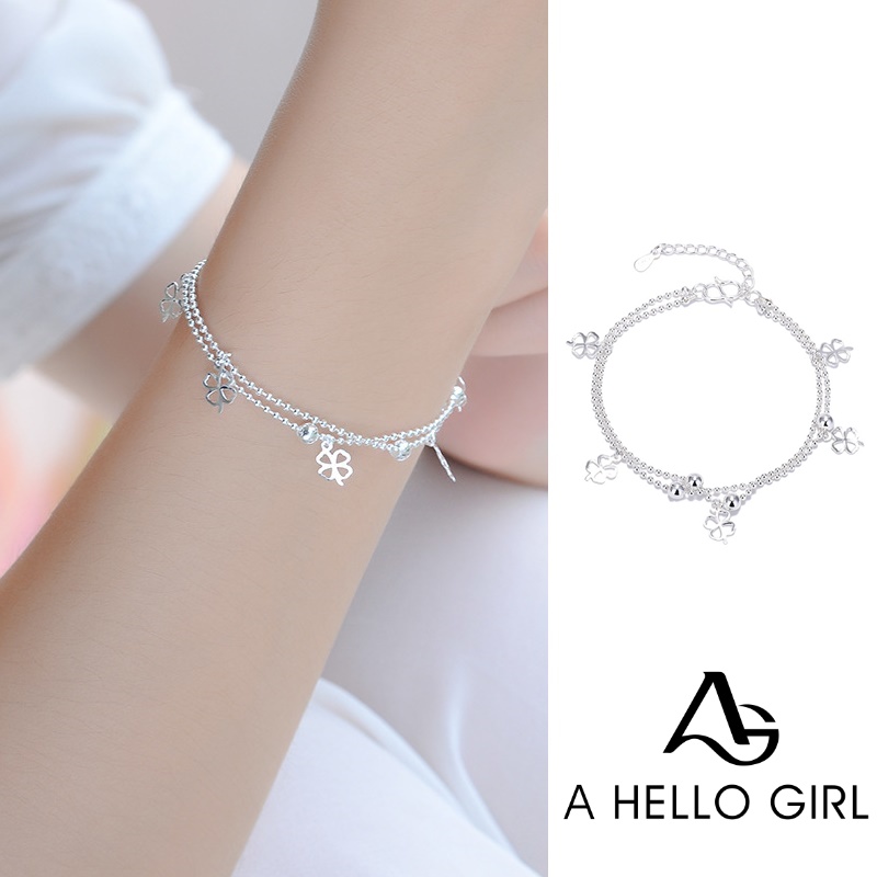 Gelang Multilayer Desain Daun Semanggi Hollow Warna Silver untuk Wanita