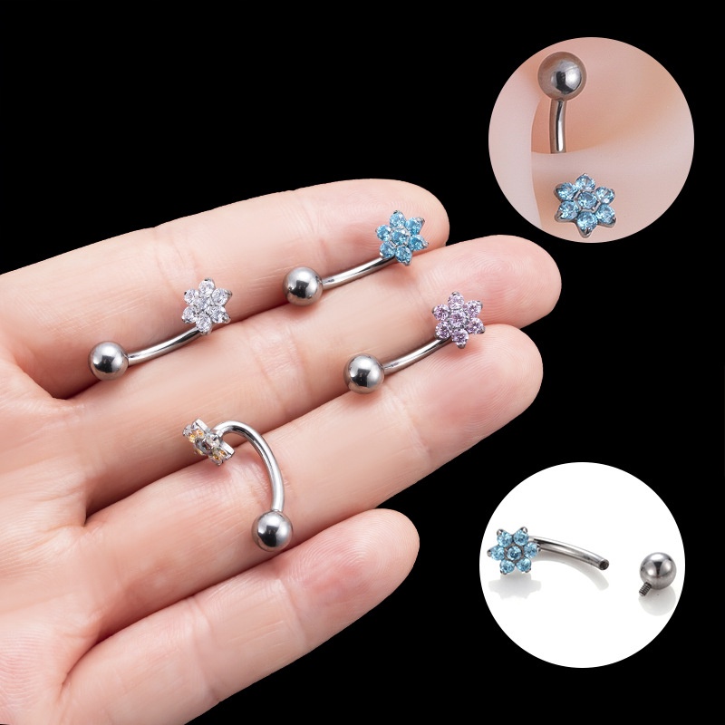 1biji Surgical G23 Bahan Titanium Steel Benang Internal 14Gauge Hypoallergenic Belly Button Ring Tindik Pusar Bentuk Bunga