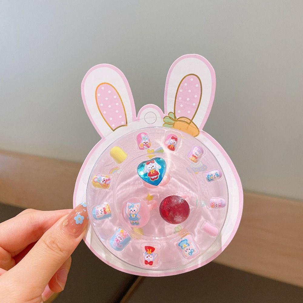 AUGUSTINA Agustina Patch Kuku Dengan Cincin DIY Gadis Yang Berlaku Dilepas Dengan Cincin Putri Kuku Kuku Kelinci Anak Kuku Palsu